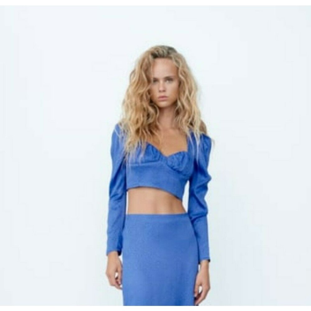 ZARA Blue Satin Polka Dot size S Long Sleeve Sweetheart Neck Cropped Top women's